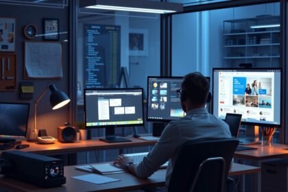 Webdesigner dolgozik számítógép előtt modern irodában