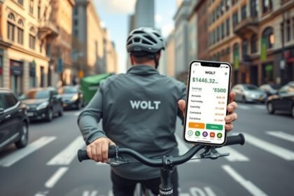 Wolt futár keresi a bevételét a város mecénás utcájában.