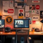 YouTube stúdió munkahely, két monitorral és különböző díjakkal a falon.