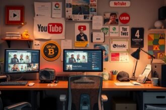 YouTube stúdió munkahely, két monitorral és különböző díjakkal a falon.