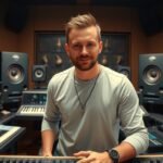 Zenei producer stúdióban, modern berendezésekkel.