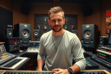 Zenei producer stúdióban, modern berendezésekkel.