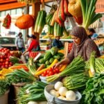 Zöldséges árus a piacon, friss zöldségekkel és gyümölcsökkel körülvéve.