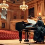 Zongorista előadás a gyönyörű koncertteremben.