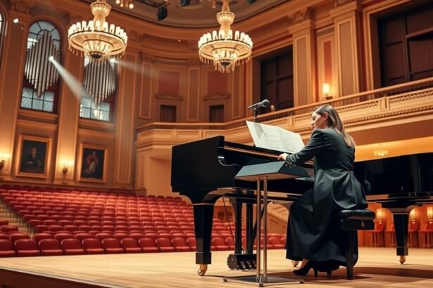 Zongorista előadás a gyönyörű koncertteremben.