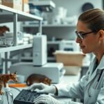 Zoológus laboratóriumban dolgozik állatokkal