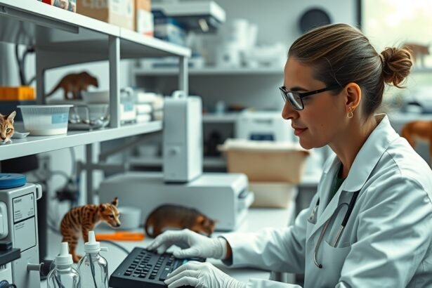 Zoológus laboratóriumban dolgozik állatokkal