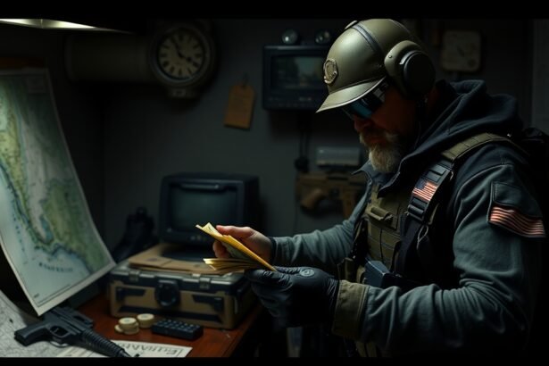 Zsoldos katonai szakember egy térképpel és dokumentumokkal