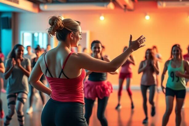 Zumbaoktató órája, boldog résztvevőkkel a teremben.