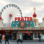 A bécsi Práter bejárata az Óriáskerékkel a háttérben.