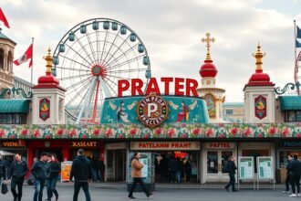 A bécsi Práter bejárata az Óriáskerékkel a háttérben.