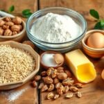 Alapanyagok a házi bejgli készítéséhez: liszt, tojás, dió, vaj.