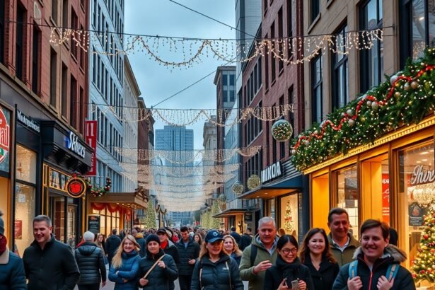 Belvárosi karácsonyi sétatúra, feldíszített utcák és vásárlók.