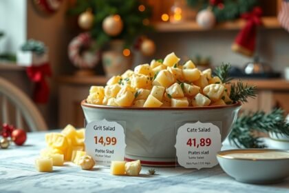 Burgonyasaláta tálalva ünnepi díszítéssel és árakkal
