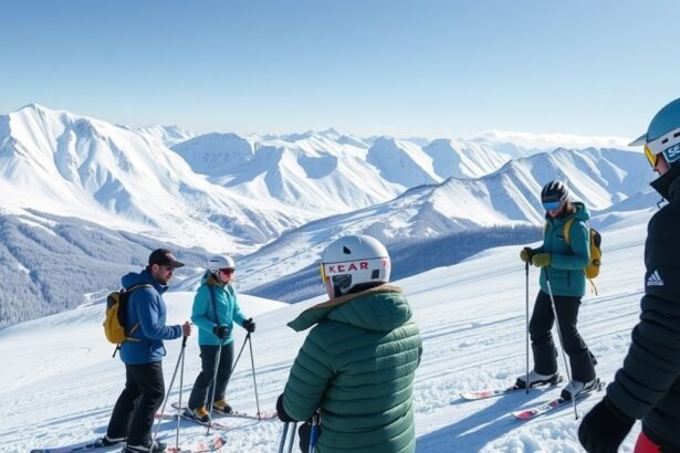 Síoktatás kezdőknek a hegyekben, csoportos síelés.