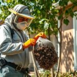 Darázsirtás szakember fészek eltávolítása közben