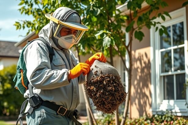 Darázsirtás szakember fészek eltávolítása közben