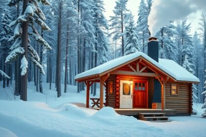 Téli faház erdőben, hóval borított táj és füstölgő kémény.