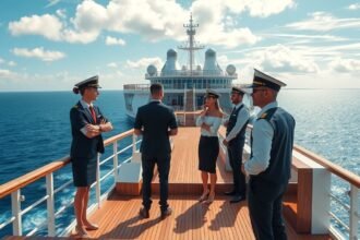 Óceánjáró hajón dolgozó személyzet megbeszélése a fedélzeten.