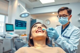 Fogfehérítés során egy páciens és fogorvos a rendelőben.