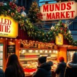 Forralt bor árusító stand vásáron, ünnepi díszítéssel