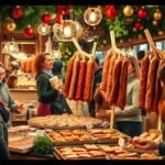 Füstölt húsok és péksütemények vásárlása karácsonyi piacon.