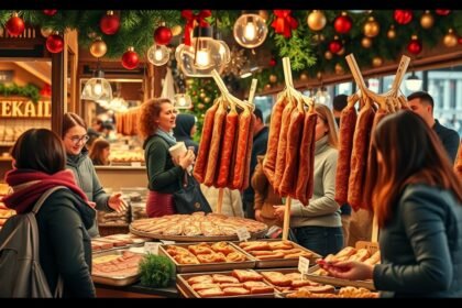 Füstölt húsok és péksütemények vásárlása karácsonyi piacon.