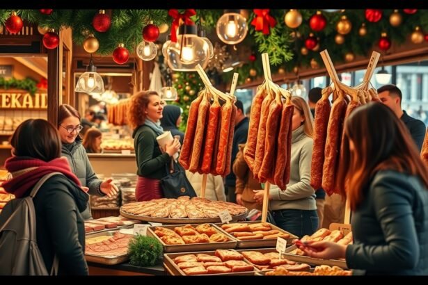 Füstölt húsok és péksütemények vásárlása karácsonyi piacon.