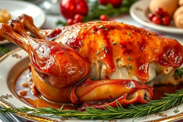 Fűszeres sült kacsacomb ünnepi tálon, ízletes étkezéshez.