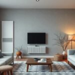Modern nappali fűtőpanellel és kényelmes bútorokkal