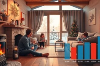 Család a tűzhely mellett, téli fűtési költségekkel.