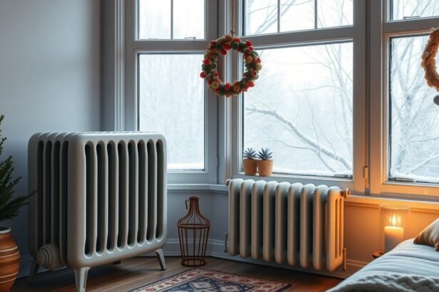 Gázkonvektor és téli dekoráció egy otthonban
