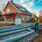 Geotermikus fűtés kiépítése ház mellett, szakemberek dolgoznak.