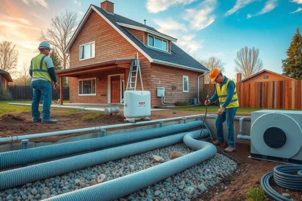 Geotermikus fűtés kiépítése ház mellett, szakemberek dolgoznak.