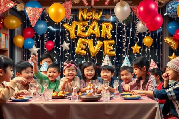 Gyerekek szilveszteri ünneplés közben színes dekorációval.