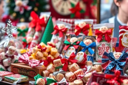 Szaloncukrok ünnepi asztalon karácsonyi dekorációval.