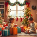 Két gyermek ünnepli a karácsonyt ajándékok között.