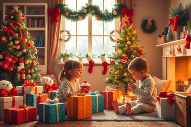 Két gyermek ünnepli a karácsonyt ajándékok között.