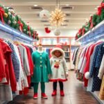 Karácsonyi gyermekruha üzlet ünnepi darabokkal.