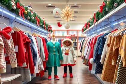 Karácsonyi gyermekruha üzlet ünnepi darabokkal.