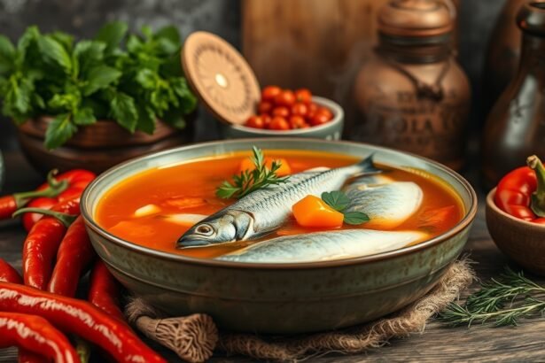 Friss halászlé különböző fűszerekkel és zöldségekkel tálalva.