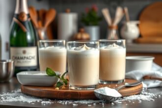 Házi pezsgőkrém tálalása három pohárban, étkezési kellékek háttérben.