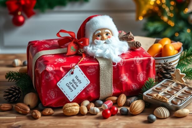 Házilag készített Mikuláscsomag piros csomagolásban, édességekkel.