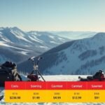 Síelés hóágyúzott pályán, különböző költségekkel és gyönyörű hegyvidékkel.