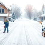 Hóeltakarítás a városban, két férfi különböző eszközökkel.