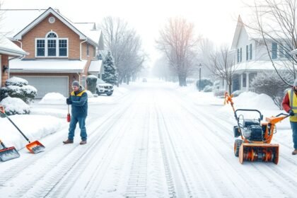 Hóeltakarítás a városban, két férfi különböző eszközökkel.