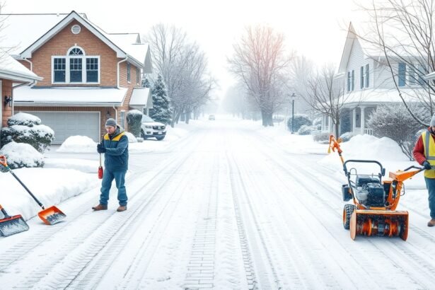 Hóeltakarítás a városban, két férfi különböző eszközökkel.