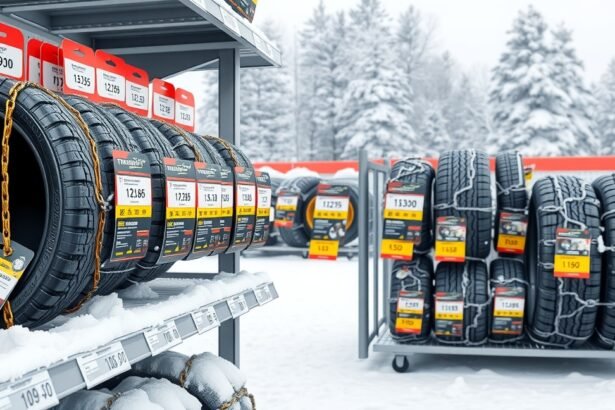 Hóláncok és téli gumik egy autós boltban hóval borított környezetben.