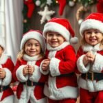 Boldog gyerekek télapóruhában ünnepi fotózáshoz.