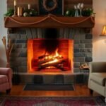 Kandalló égett fával a nappaliban, otthoni fűtés